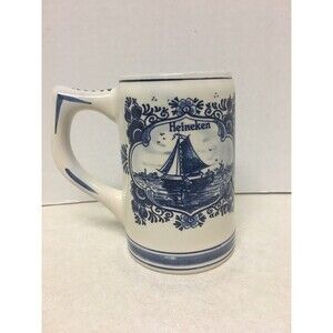 Delft Blue Hand Painted Heineken  Dutch Sailing Ship and Windmill Stein Mug 16oz